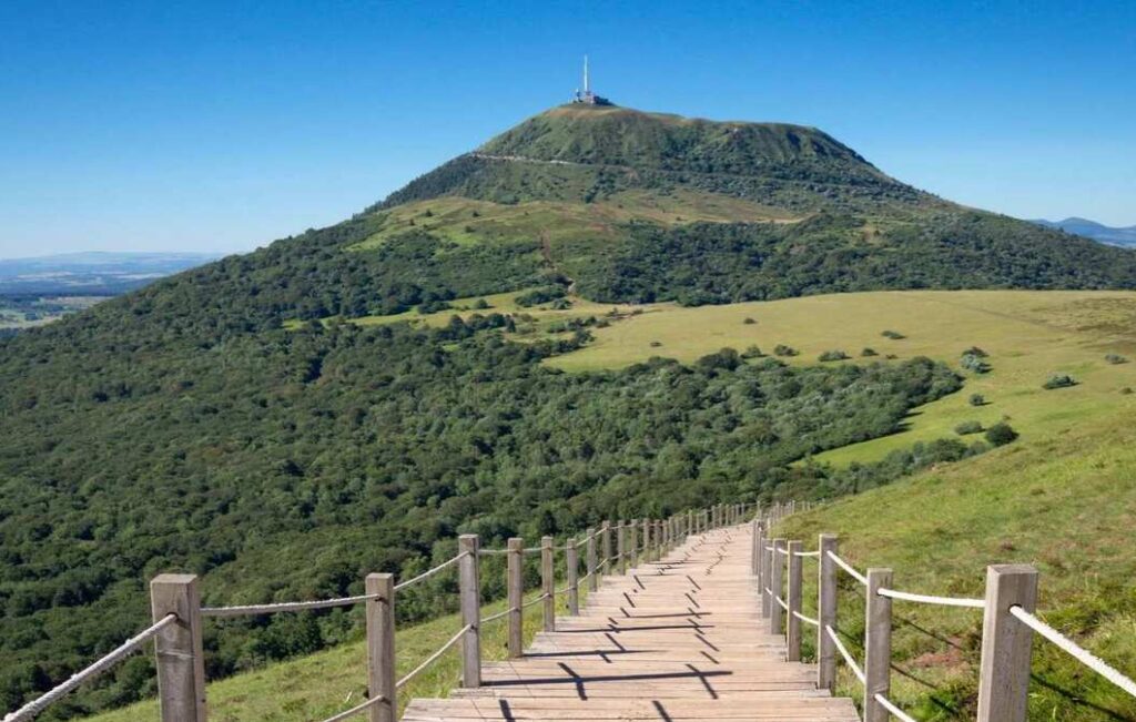 escalier en bois au milieu d'une prairie